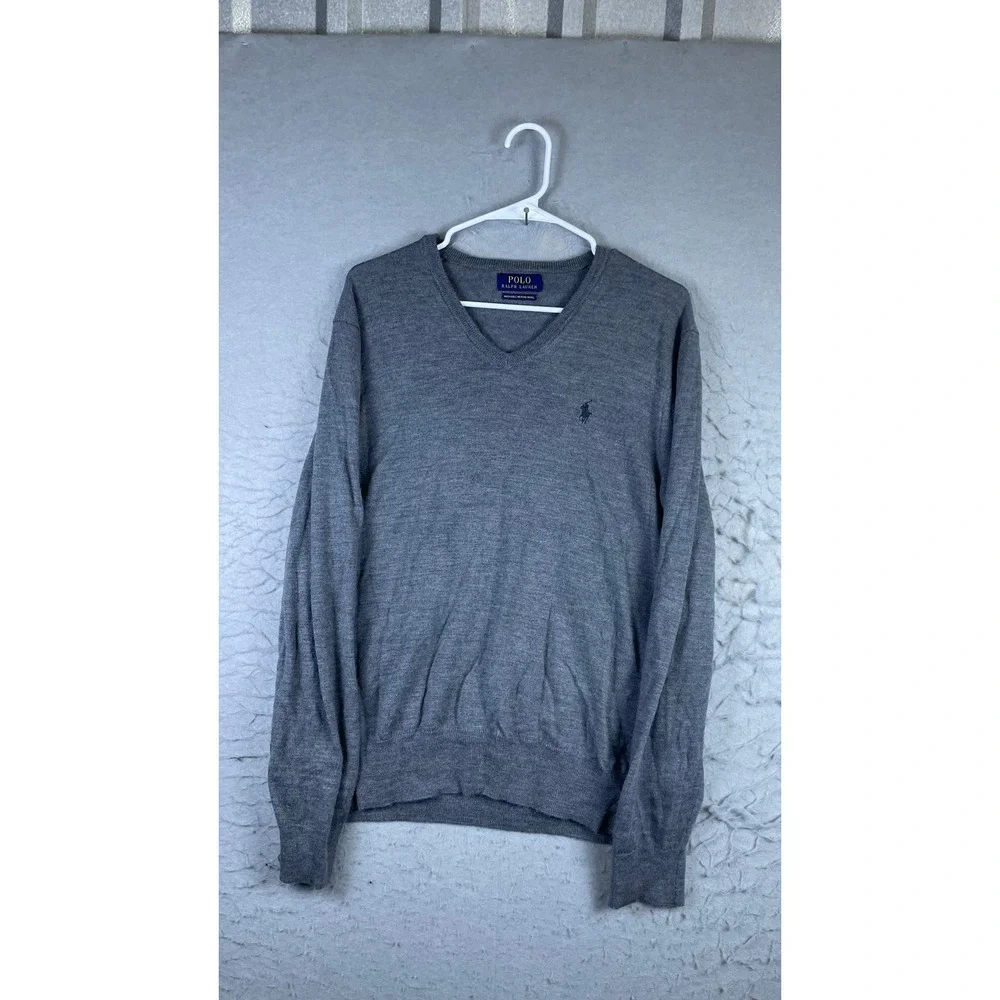 Polo Ralph Lauren V-Neck Sweater Mens L Gray Excellent Washable Merino Wool